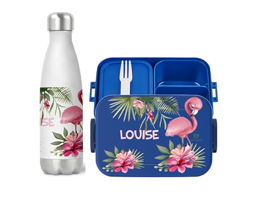 wolga-kreativ Set personalisierte Brotdose blau und Trinkflasche für Mädchen mit Tropical Motiv Bento Lunchbox Frühstücksset mit Fächern und Unterteilung für Schule und Kindergarten von wolga-kreativ