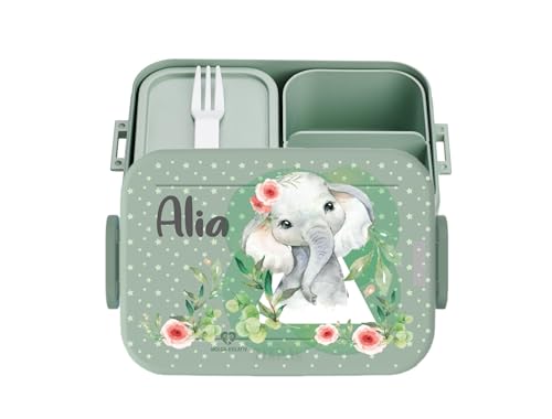 wolga-kreativ Personalisierte Kinder Bento Brotdose türkis mit Fächern und Elefant Motiv für Mädchen und Junge - Unterteilung für gesunde Mahlzeiten in der Schule und Kindergarten von wolga-kreativ