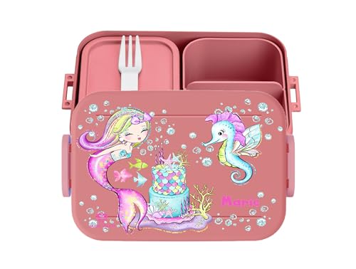 wolga-kreativ Personalisierte Kinder Brotdose rosa mit Meerjungfrau Seepferdchen Motiv und Fächern, Bento Lunchbox für Schule und Kindergarten von wolga-kreativ