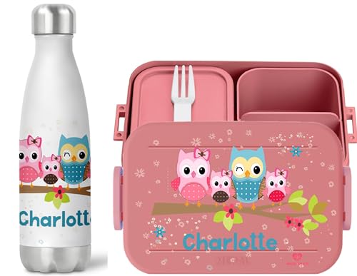 wolga-kreativ Set personalisierte Lunchbox rosa und Trinkflasche Frühstücksset für Mädchen mit Eulenfamilie Motiv - Bento Box mit Fächern und Unterteilungen – Brotdose für Schule und Kindergarten von wolga-kreativ