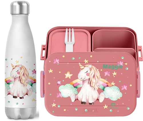 wolga-kreativ Set personalisierte Brotdose rosa und Trinkflasche für Mädchen Pausenset mit Einhorn Regenbogen Motiv Bento Lunchbox mit Fächern und Unterteilung für Schule und Kindergarten von wolga-kreativ
