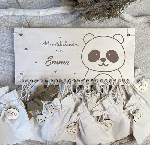 wolga-kreativ Personalisierter Adventskalender aus Holz mit Gravur für Kinder Baby Kleinkind zum Befüllen mit Stoffsäckchen Jutesäckchen Panda Motiv von wolga-kreativ