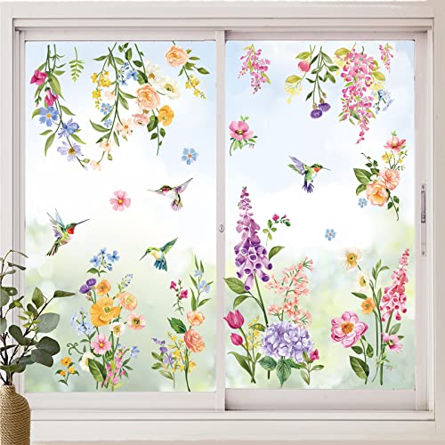 wondever Fenstersticker Garten Blumen Fenster Aufkleber Blumen Iris Kolibri Fensteraufkleber Anti-Kollision Doppelseitig Glasaufkleber Glas Deko von wondever
