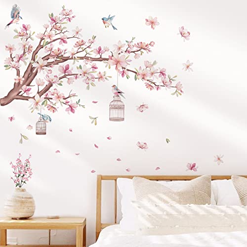 wondever Wandtattoo Blumen Rosa Magnolie Wandaufkleber Vögel auf Ast Baum Wandsticker Wanddeko für Wohnzimmer Schlafzimmer Sofa Hintergrund von wondever