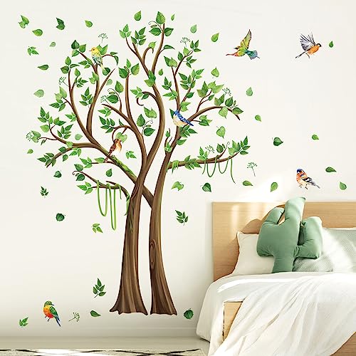 wondever Wandtattoo Groß Baum Wandaufkleber Grüne Blätter Fliegende Vögel Wandsticker Wanddeko für Kinderzimmer Wohnzimmer Schlafzimmer (H:160cm) von wondever
