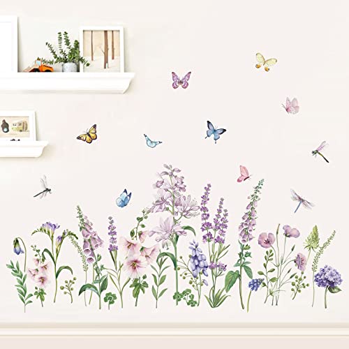 wondever Wandtattoo Lavendel Lila Blumen Wandaufkleber Garten Blume Schmetterling Wandsticker Wanddeko für Schlafzimmer Wohnzimmer Sofa Hintergrund von wondever