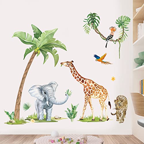 wondever Wandtattoo Safari Tiere Wandaufkleber Dschungel Tiere Elefant Giraffe Leopard Groß Palme Baum Wandsticker Wanddeko für Kinderzimmer Babyzimmer Schlafzimmer (H:130cm) von wondever
