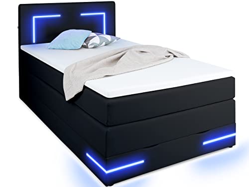 wonello Boxspringbett 120x200 mit Bettkasten und LED Beleuchtung - gemütliches Bett mit LED Beleuchtung - Stauraumbett 120 x 200 cm schwarz mit Matratze und Topper von wonello