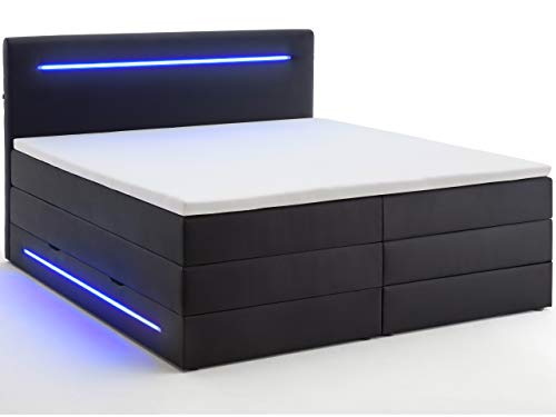 wonello Boxspringbett 180x200 mit Bettkasten und LED Beleuchtung - gemütliches Bett mit led Beleuchtung - Stauraumbett 180 x 200 cm schwarz mit Matratze und Topper von wonello