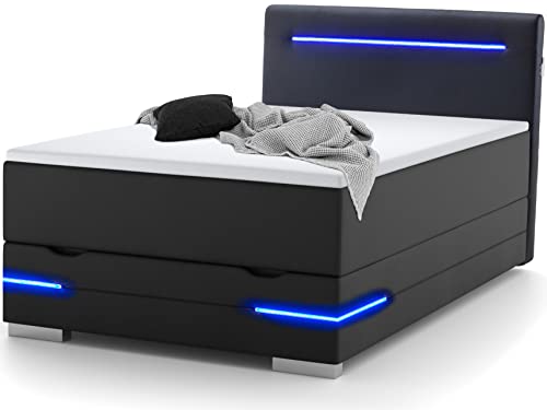 wonello Boxspringbett 90x200 mit Bettkasten, LED Beleuchtung und 2X USB Anschluss - gemütliches Bett mit einzigartiger Optik - Stauraumbett 90 x 200 cm beleuchtet schwarz mit Matratze und Topper von wonello