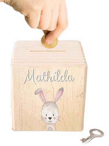 wunderwunsch - Personalisierte Spardose Kinder aus Holz mit Metallschloss - Spardose mit Namen mit 3D Acryl-Schrift zum Sparen für Kinderträume von wunderwunsch