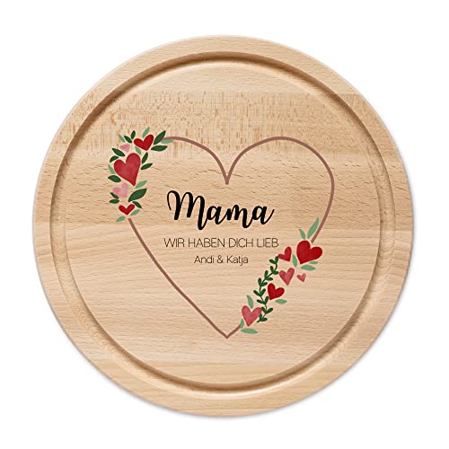 wunderwunsch - Individuelles Holzbrett mit Hochwertigem UV-Farbdruck - Rundes Holzbrett mit Name - Personalisiertes Brotzeitbrett für Mama, Papa, Oma oder Opa (Herz Blumen) von wunderwunsch