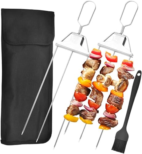 Halbautomatische Grillgabel aus Edelstahl, 3 Way Grill Skewers, Wiederverwendbare Metall Grill Spieße mit Schieberegler für Lagerfeuer Oder Grillschale von xinrongda