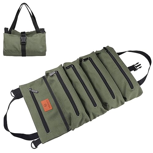 Werkzeugtasche zum Aufrollen, 16 A, Canvas, mit 5 Reißverschlusstaschen, Mehrzweck-Werkzeugtasche (grün) von xocome