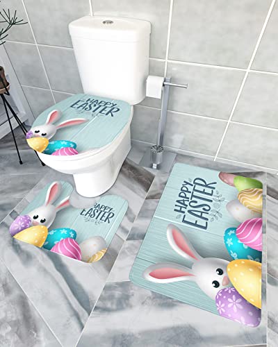 Badezimmer Vorleger 3-Teiliges Fröhliche Ostern-Karikatur-Häschen-Bunte Eier-Hölzerne Maserung Wc Vorleger Set 3 Teilig Waschbar U-Förmiger Teppich Saugfähiger Badteppich-Set 3-Teilig Für Wc Wc von xujianhuaxuyoubinbaihuodian