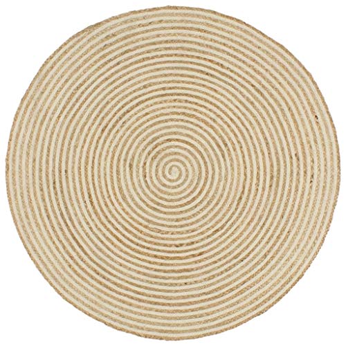 yorten Jute Teppich Rund 90 cm Teppich Handgefertigt Jute mit weißem Spiraldruck Wohnzimmerteppich Teppiche geflochten (Natur) von yorten