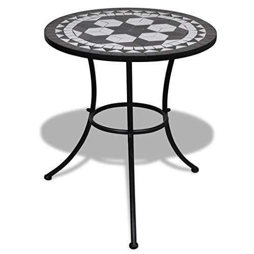 yorten Tisch Mosaiktisch mit Eisenrahmen Gartentisch Rund Bistrotisch Balkontisch keramische Tischplatte 60 x 70 cm (Ø x H) Schwarz+Weiß von yorten