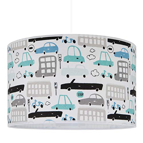 youngDECO® Lampe für Babyzimmer und Kinderzimmer, glückliche Autos, 2xE27, Ø38cm großer Stofflampenschirm, Kinderzimmer-Deko für Junge, komplette Deckenlampe für Kinderzimmer, hergestellt in der EU von youngDECO