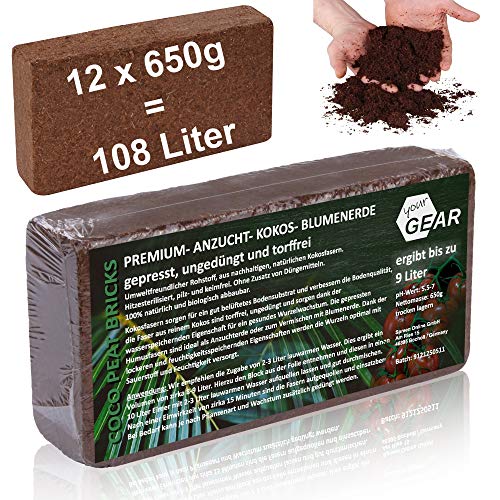 yourGEAR feinkörnige Kokoserde 108 L - 12x650g gepresste Blumenerde nachhaltige Aussaaterde aus Kokosfasern 100% Bio ungedüngt torffrei von your GEAR