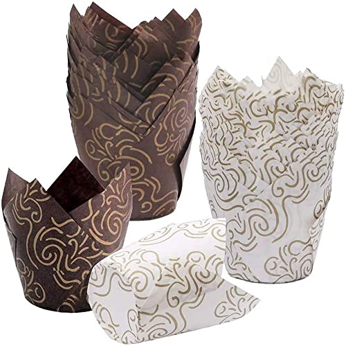 yufana 100 Stück Tulip Cupcake,Tulpen-Backförmchen Muffin Backbecher aus Papier Backbecher Muffin Papierförmchen in Tulpenform Papier Tulpen Backpapier,für Cupcakes Muffins(50 Braun+50 Weiß) von yufana