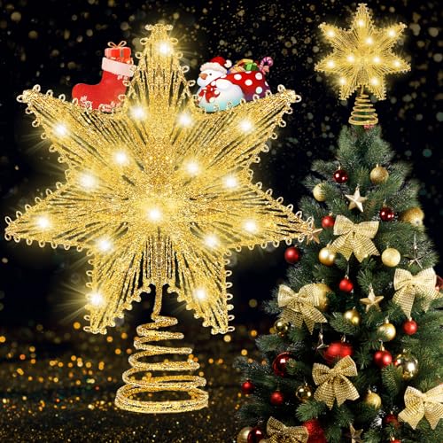 Weihnachtsbaumspitze, Baumspitze mit 20 LED Weihnachten Weihnachtsbaum Stern Weihnachtsstern Beleuchtet Weihnachtsdeko Topper Weihnachtsstern Baumspitze Batteriebetrieben für Weihnachten Party Deko von yumcute