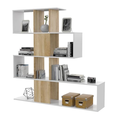 Dekoratives und funktionales Bücherregal mit fünf Fächern, weiß mit eichenfarbenen Einsätzen, Maße 145 x 145 x 29 cm von Habitdesign