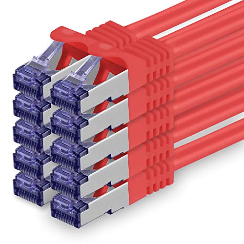 Cat.7 Netzwerkkabel 0,5m - Rot - 10 Stück - Cat7 Patchkabel (SFTP/PIMF/LSZH) Rohkabel 10 Gb/s mit Rj 45 Stecker Cat.6a - 10 x 0,5 Meter Rot von 1aTTack.de