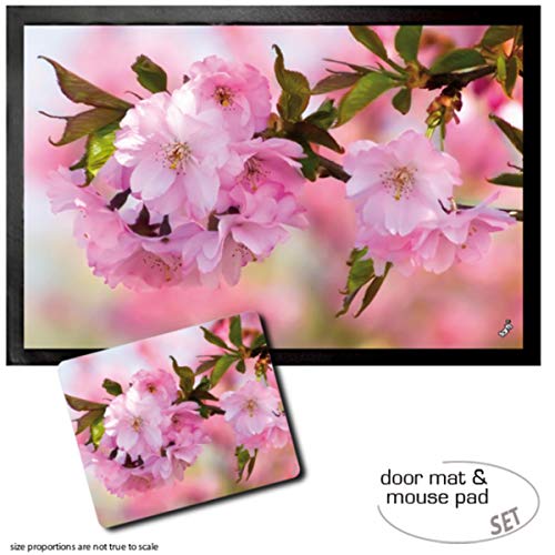 1art1 Blumen, Kirschblüten Fußmatte Dekomatte Innenbereich | Design Türmatte (60x40 cm) + Mauspad (23x19 cm) Geschenkset von 1art1