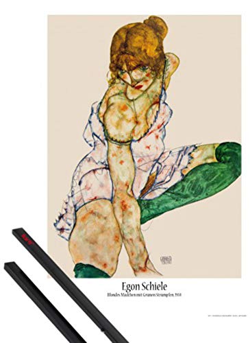 1art1 Egon Schiele Plakat | Bild (91x61 cm) Blondes Mädchen mit Grünen Strümpfen 1914 + EIN Paar Posterleisten, Schwarz von 1art1