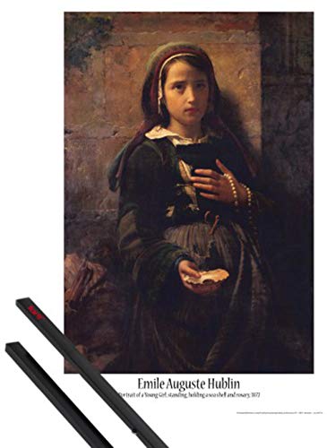 1art1 Emile Auguste Hublin Plakat | Bild (91x61 cm) Young Girl, Holding A Sea Shell and Rosary, 1872 + EIN Paar Posterleisten, Schwarz von 1art1