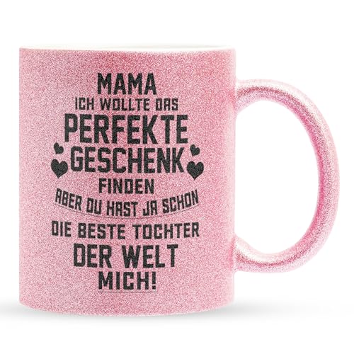 22Feels Glitzertasse Pink - Mama Geschenk von Tochter Muttertag, Geburtstag, Weihnachten, Kind und Mutter Haferl, Kaffeetasse für Frauen von 22Feels