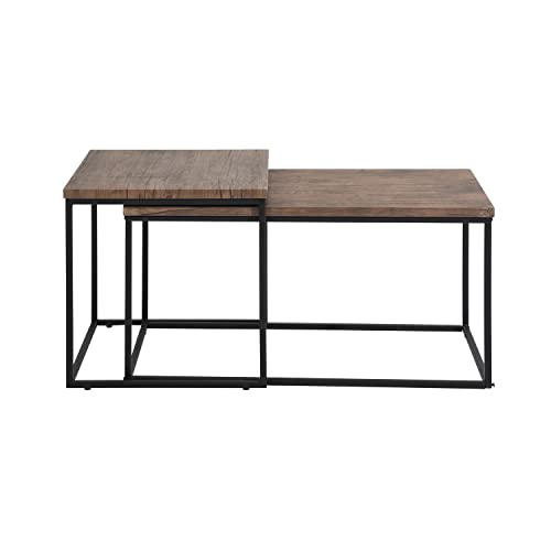 39F FURNITURE DREAM Set of 2 Nesting for Living Room, Vintage Sofa, Side Coffee Table, Wooden Top and Metal Frame, Dark Oak, MDF, 90x45x45 cm, 50x50x50 cm von 39F FURNITURE DREAM