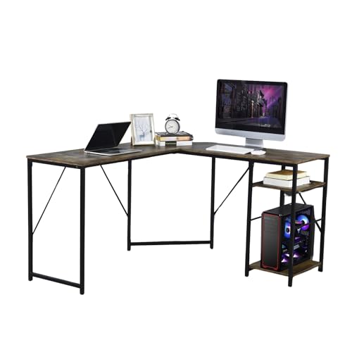 39F FURNITURE DREAM Vintage Corner Desk with Industrial Design Storage in Brown Wood and Black Metal, MDF, 136x127x75cm von 39F FURNITURE DREAM