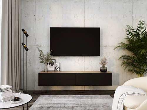 3E 3xE living.com Hängendes TV-Schrank - Modernes Design A: B: 2 x 100 cm, H: 34 cm, T: 32 cm. TV Lowboard, TV Board, TV Sideboard Hängend, WOTAN Eiche/SCHWARZ MATT von 3E 3xE living.com