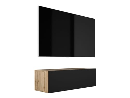 3E 3xE living.com Hängendes TV-Schrank - Modernes Design A: B: 100 cm, H: 34 cm, T: 32 cm. TV Lowboard, TV Board, TV Sideboard Hängend, WOTAN Eiche/SCHWARZ MATT von 3E 3xE living.com