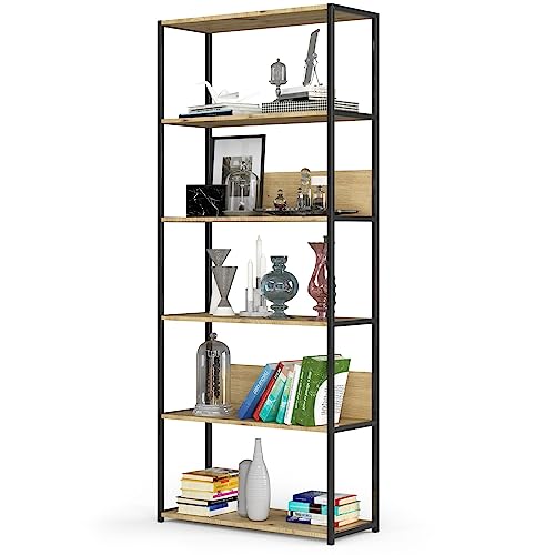 3E 3xE living.com Modernes Metall-Loftregal - Vielseitige Aufbewahrungslösung mit 6 Regalen, 80 cm, Farbe: Schwarz/Artisan Eiche. Bücherregal Schwarz Regal Industrial, Regal Metall von 3E 3xE living.com