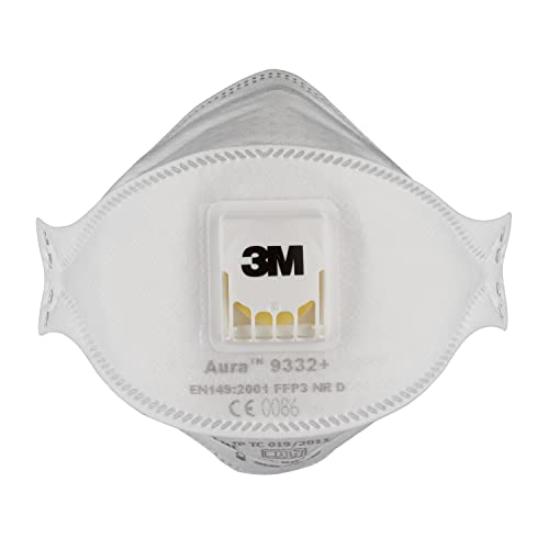 3M Aura Maske für Dämmstoffe und Hartholz 9332+, FFP3, mit Ventil, 10 pro Packung von Aura