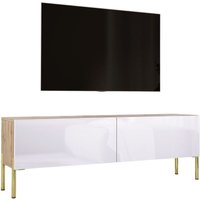 3xe Living - TV-Schrank in Wotan Eiche / Weiß Hochglanz mit Beinen in Gold, a: b: 140 cm cm, h: 52 cm, t: 32 cm. TV-Möbel, TV-Tisch, TV-Bank - Wotan von 3XE LIVING