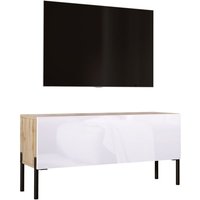 TV-Schrank in Wotan Eiche / Weiß Hochglanz mit Beinen in Schwarz, A: B: 100 cm cm, H: 52 cm, T: 32 cm. TV-Möbel, TV-Tisch, TV-Bank - Wotan Eiche / von 3XE LIVING