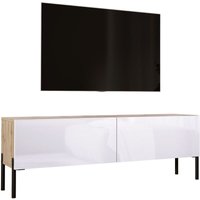 TV-Schrank in Wotan Eiche / Weiß Hochglanz mit Beinen in Schwarz, a: b: 140 cm cm, h: 52 cm, t: 32 cm. TV-Möbel, TV-Tisch, TV-Bank - Wotan Eiche / von 3XE LIVING