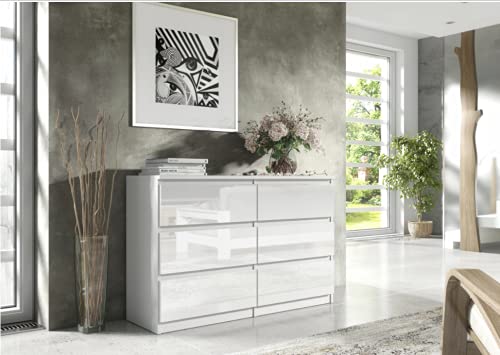 'Elegante und geräumige Kommode mit 6 Schubladen, 120 cm, Weiß glänzend, perfekt für Wohnzimmer, Büro, Schlafzimmer von 3E 3xEliving.com