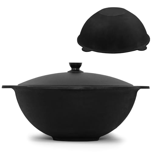 4BIG.fun Kazan aus Gusseisen 10 L mit Aluminium Deckel flacher Boden Usbek Schwenktopf NAMANGAN Kasan Uzbekisch Asia WOK Gusseisentopf Grillwok von 4BIG.fun