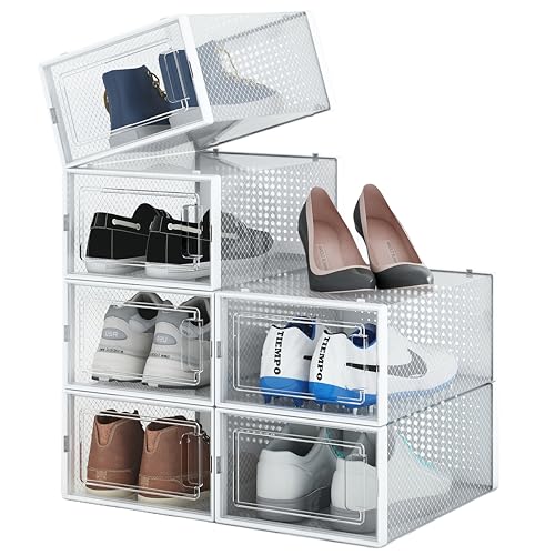 4CONVY Stapelbar Faltbare Schuhkisten - Robuste Schuhaufbewahrungsboxen - Schuhorganizer - Kunststoff transparent Garderoben Schlafzimmer Flur 6 Stück von 4CONVY
