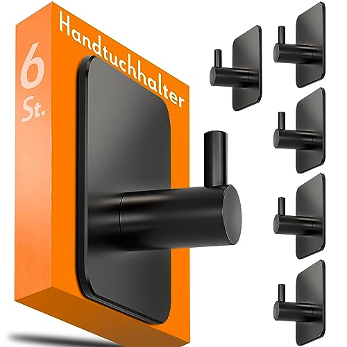 4smile Handtuchhalter ohne Bohren im 6er Set - Schwarze Haken selbstklebend mit 3M-Klebe-Pads - Rostfreie Klebehaken, extra-stark als Handtuchhaken für Bad und Küche von 4smile