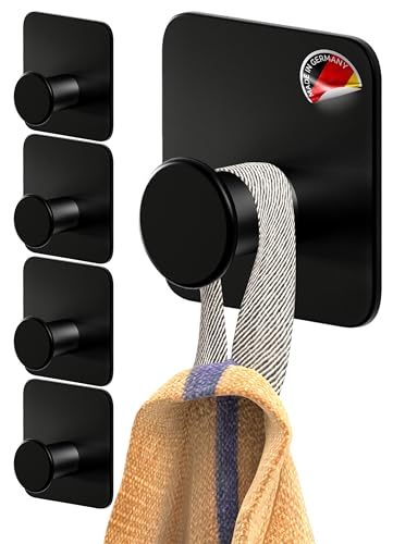 4smile Handtuchhalter ohne Bohren - 5 Stück Handtuchhaken Bad, schwarze Klebehaken modern, stilvoll - Haken selbstklebend extra-stark mit 3M-Klebe-Pads, Wandhaken von 4smile