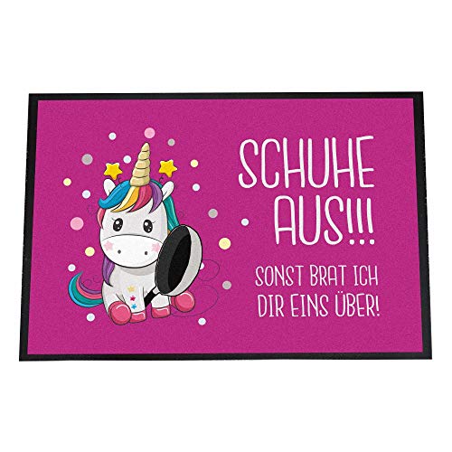 4you Design Fußmatte Einhorn 40 x 60 cm, Lustiger Spruch Schuhe aus.., Schmutzfangmatte für Freunde von Einhörnern, rutschfeste Matte Pink, Geschenk zu Weihnachten, Geburtstag von 4youDesign