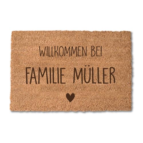 4you Design Fußmatte Kokos 60 x 40 Personalisiert mit Familien-Namen – Motiv Willkommen – 100% natürliche Kokosfaser – Rückseite rutschfestes Vinyl – Matte Indoor – Kokosfußmatte für die Haustür von 4you Design