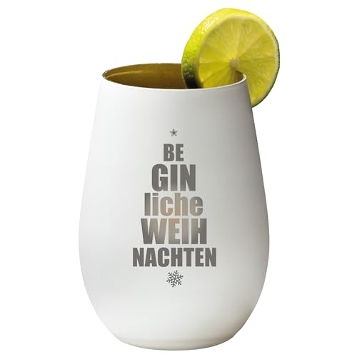 4you Design Gin Tonic Glas mit Spruch beGINliche Weihnachten – Geschenk für Männer, Frauen zum Muttertag oder Vatertag – Tumbler-Party-Glas aus Kristallglas – sehr bruchsicher – Weiß-Gold – 465ml von 4you Design