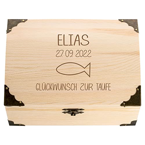 4youDesign Schatztruhe zur Taufe mit persönlicher Gravur – Motiv Fisch – personalisiertes Geldgeschenk mit Name & Datum – Erinnerungsbox (Fisch) von 4youDesign