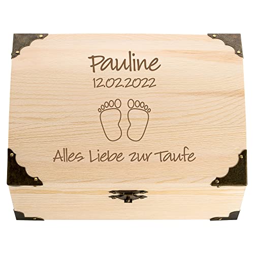 4youDesign Schatztruhe zur Taufe mit persönlicher Gravur – Motive Füße – personalisiertes Geldgeschenk mit Name & Datum – Erinnerungsbox (Füße) von 4youDesign